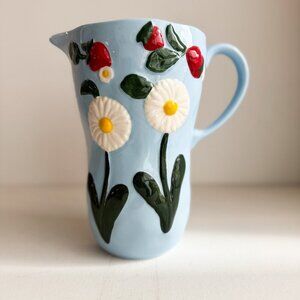 Anthropologie Foster Icon Stoneware Blue Strawberry Floral Jug Pitcher